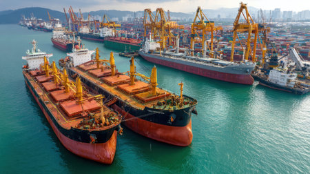 A stunning aerial photograph showcasing cargo ships at a bustling port, with cranes in action and urban scenery in the background, illustrating vibrant industrial activity.の素材