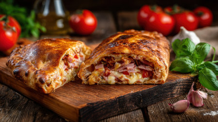 Mouthwatering calzone sliced open to reveal savory filling, paired with fresh tomatoes and garlic, making it perfect for a delightful meal any time of day.の素材