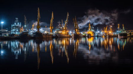Stunning night view captures the bustling activity at docks featuring illuminated cranes and ships, reflecting beautifully on calm water, showcasing an industrious yet serene maritime scene.の素材