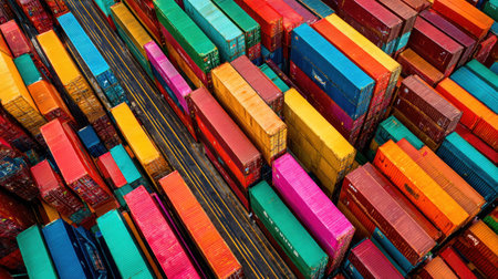 A stunning aerial view of various colorful shipping containers stacked in a busy port, highlighting the vibrant logistics and transportation network that drives global trade.の素材