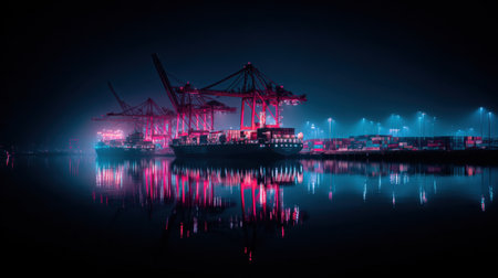 A stunning view of a shipping port illuminated at night, featuring cranes and cargo ships reflected in calm waters, creating a captivating industrial landscape.の素材