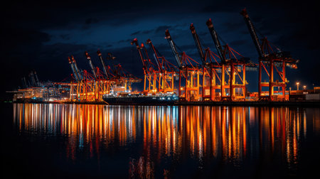 Captivating night scene of a shipping port featuring towering cranes illuminated in bright orange tones, perfectly reflecting on the calm water beneath a twilight sky.の素材