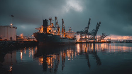 A stunning view of a cargo ship docked at a bustling port during sunset, featuring reflective waters and cranes silhouetted against a moody sky. Perfect for maritime themes.の素材