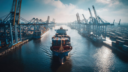 An impressive aerial view captures a cargo ship as it navigates through an industrial port filled with cranes and container stacks, showcasing the heart of global trade.の素材