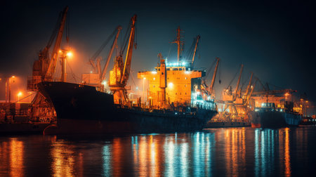 A stunning view of cargo ships docked at a harbor at night, showcasing illuminated cranes and reflecting lights on calm waters, creating a serene urban atmosphere.の素材