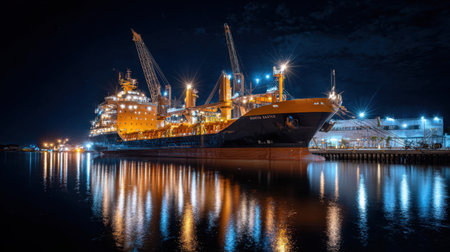 A striking cargo ship illuminated at night, casting vibrant reflections on the calm water, showcasing the bustling energy of an industrial harbor in a serene atmosphere.の素材
