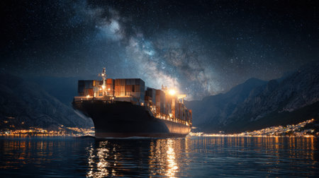 A striking scene of a container ship gliding through calm waters at night, with the brilliant Milky Way above and a charming coastal town glowing in the distance.の素材