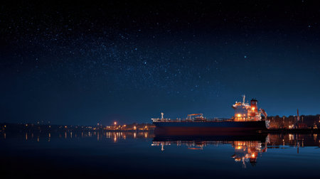 Serene night view showcasing a ship docked peacefully in a harbor under a mesmerizing starry sky, with soft lights illuminating the calm water reflections.の素材
