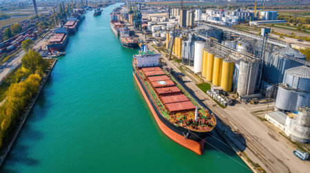 This vibrant aerial photograph captures an industrial port with cargo ships and storage tanks alongside a lush, colorful canal, reflecting the dynamic maritime industry and seasonal beauty.の素材