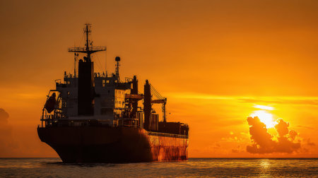 A magnificent cargo ship stands silhouetted against a vibrant sunset, embodying the spirit of maritime adventure and global commerce over tranquil ocean waters.の素材