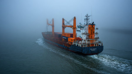 A container ship sails through thick fog, illustrating the challenges of maritime navigation and the significance of shipping in trade amidst low visibility.の素材
