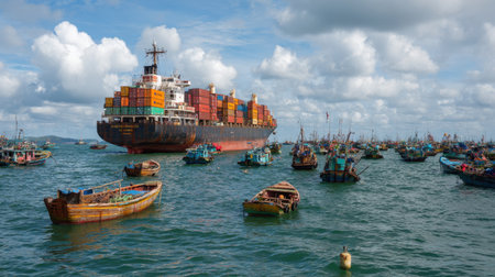 A dynamic maritime scene featuring a large cargo ship alongside numerous fishing boats, with a picturesque sky and gentle waves, capturing the essence of maritime activity.の素材