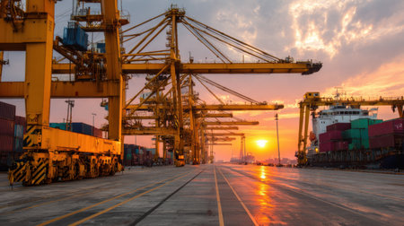 A vibrant industrial port scene captures cranes and shipping containers silhouetted against a stunning sunset. The asphalt reflects the colorful sky, highlighting commerce at dusk.の素材
