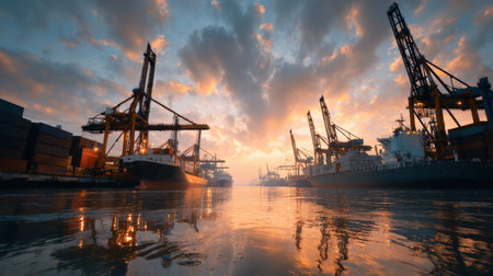 This stunning image captures a vibrant sunset over a bustling port, showcasing cranes and ships, with warm tones beautifully reflected in the calm water, ideal for maritime themes.の素材