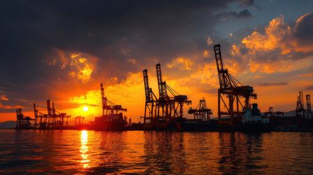 A stunning view of an industrial port during sunset, capturing silhouettes of cranes against a dramatic sky. The calm water reflects vibrant colors, blending nature and engineering.の素材