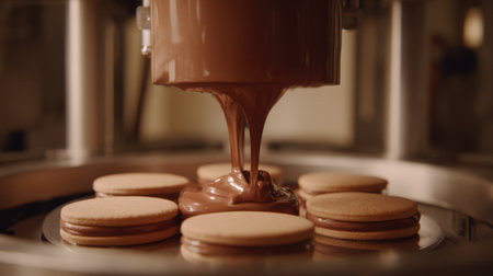 Close-up view of a chocolate filling being poured over cookies in a factory setting, showcasing the delicious texture and creamy sweetness of the treats being created.の素材