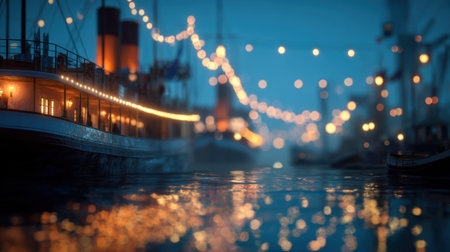 A picturesque night scene featuring vintage ships adorned with festive lights, casting beautiful reflections on calm waters, creating a magical and serene atmosphere.の素材