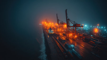 This atmospheric night scene captures a foggy port with illuminated cranes and container stacks, showcasing the industrial charm of maritime logistics in a dramatic setting.の素材