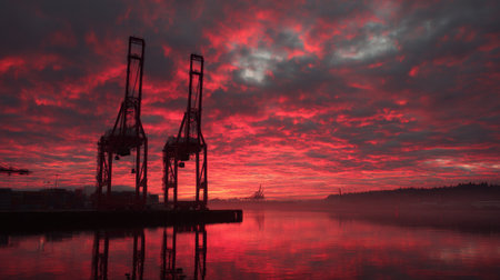 A stunning sunset transforms the sky into vibrant hues while silhouetting cranes at a busy port. The tranquil water reflects the fiery colors, portraying a beautiful harmony of industry and nature.の素材