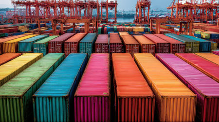 A vibrant aerial view of stacked shipping containers in a bustling port. This image captures the essence of global trade and transportation logistics, showcasing colors and structure.の素材