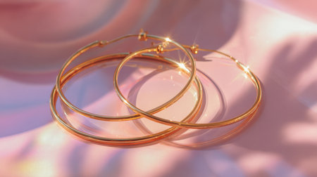 A stunning display of gold hoop earrings against a soft pink backdrop, highlighting their shine and delicate features, perfect for modern fashion enthusiasts and jewelry lovers.の素材