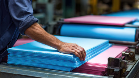 This image showcases a worker's hand carefully arranging vibrant sheets of blue and pink paper in a state-of-the-art printing press, highlighting the intricacies of paper production.の素材