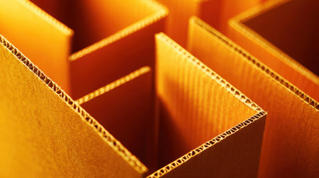 Explore the intricate details of corrugated cardboard illuminated by warm light, creating an abstract visual scene with a unique industrial charm and artistic appeal.の素材