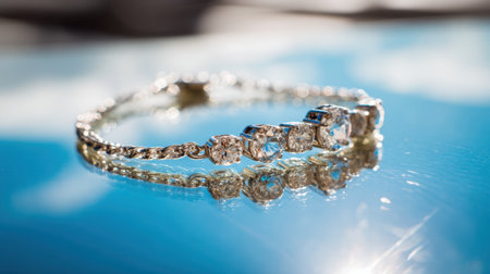 Stunning silver bracelet showcasing intricate design with clear gemstones. Its reflection on a glossy surface enhances the elegance, perfect for fashion lovers.の素材