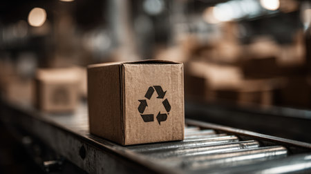 Focused on a cardboard box featuring a recycling logo, highlighting the importance of eco-friendly packaging in modern logistics and sustainable practices in industry.の素材