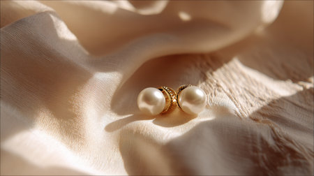 Beautifully crafted pearl earrings resting on luxurious fabric, showcasing elegance and refinement. Ideal for fashion or jewelry-themed projects.の素材