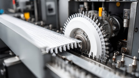 Detailed view of industrial machinery showcasing gears and conveyor operations, emphasizing the elements of automation and precision in modern manufacturing processes.の素材