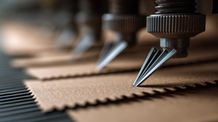 This detailed image illustrates precision tools working on brown craft paper, emphasizing the intricate industrial processes involved in manufacturing and design creation.の素材