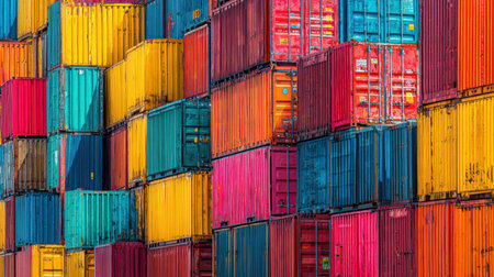 A dynamic view of brightly colored shipping containers stacked in an organized manner, exemplifying the vibrant life of industrial transport and logistics in urban settings.の素材