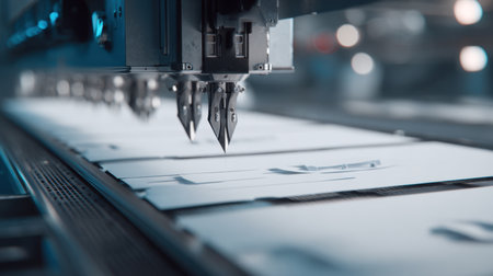 An intricate view of advanced printing technology showcasing high-precision print heads applying ink to blank sheets of paper in a modern production environment.の素材