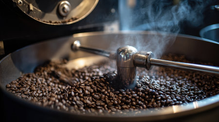 A close-up view of fresh coffee beans roasting in a commercial machine, showcasing the aromatic steam rising during the roasting process, highlighting the craft of coffee making.の素材