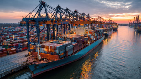 A stunning view of a large container ship docked at a busy port during sunset, showcasing the vibrant colors reflecting on the water and active crane operations.の素材