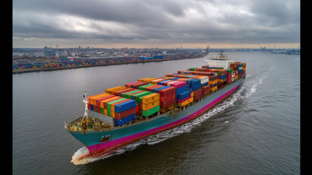 A vibrant container ship loaded with colorful cargo is navigating through a river port under a dramatic cloudy sky, representing modern maritime transport and global trade.の素材