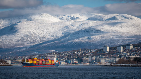 A vibrant container ship navigates through serene waters against a backdrop of snow-capped mountains, highlighting the intersection of maritime industry and breathtaking natural landscapes.の素材