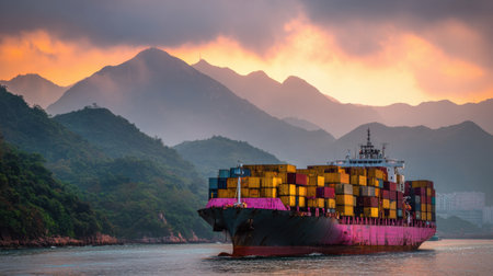 A striking image of a cargo ship loaded with containers sailing through quiet waters under a vibrant sunset, framed by dramatic mountains and a captivating sky.の素材