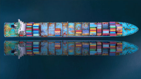 An impressive aerial view showcases a cargo ship filled with vibrant containers, gliding smoothly across the ocean with a stunning reflection in the water.の素材