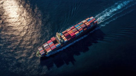 Stunning aerial capture of a colorful container ship cruising on shimmering water, showcasing the harmony between maritime transport and natural beauty in the open sea.の素材