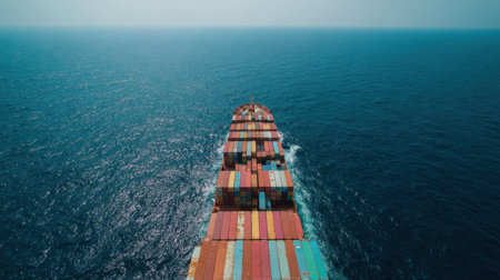 A stunning aerial perspective of a cargo ship loaded with colorful containers sailing through vast open waters, showcasing maritime trade and adventure on the ocean.の素材