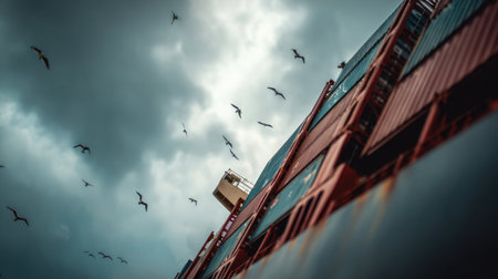 Captivating scene featuring a large cargo ship with colorful containers, seagulls in flight, and a dramatic cloudy sky that conveys the essence of maritime life.の素材