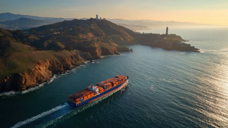 Majestic aerial capture of a cargo ship gliding through calm waters, framed by beautiful mountains and cliffs beneath a colorful sunset sky. A perfect blend of nature and maritime industry.の素材