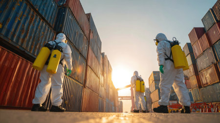 A hazardous material response team in protective suits work strategically among shipping containers, implementing safety procedures as the sun rises behind them, highlighting their crucial mission.の素材