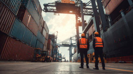 Two workers in safety vests observe shipping operations at a busy port, surrounded by large containers and cranes under a dramatic sky, highlighting industry, logistics, and teamwork.の素材