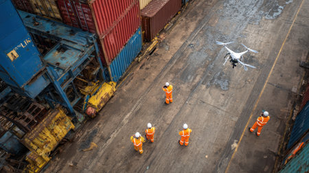 Workers in safety gear guide a delivery drone in an industrial shipping yard, showcasing modern logistics and technology in action amid colorful cargo containers.の素材