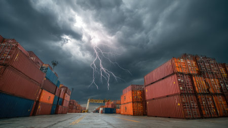 A powerful lightning display over stacked cargo containers in a shipping port highlights the fierce beauty of nature amidst industrial operations and tumultuous weather.の素材