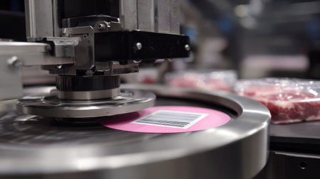 Close-up of advanced meat packaging machinery focusing on barcode scanning, ensuring quality and efficiency in a modern food processing facility for optimal freshness and safety.の素材