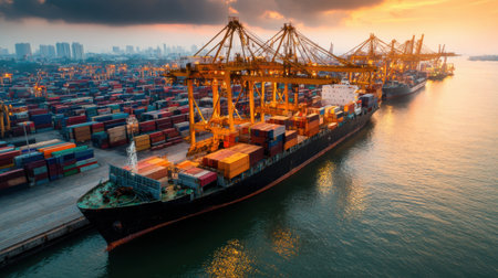 Stunning aerial view of a cargo ship at a bustling port during sunset, highlighting the vibrant colors of the sky and the organized chaos of shipping containers in the background.の素材